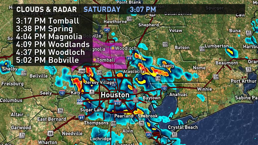 Heavy showers moving up the North Frwy towards Tomball, Spring and The Woodlands. Periods of heavy rain likely.