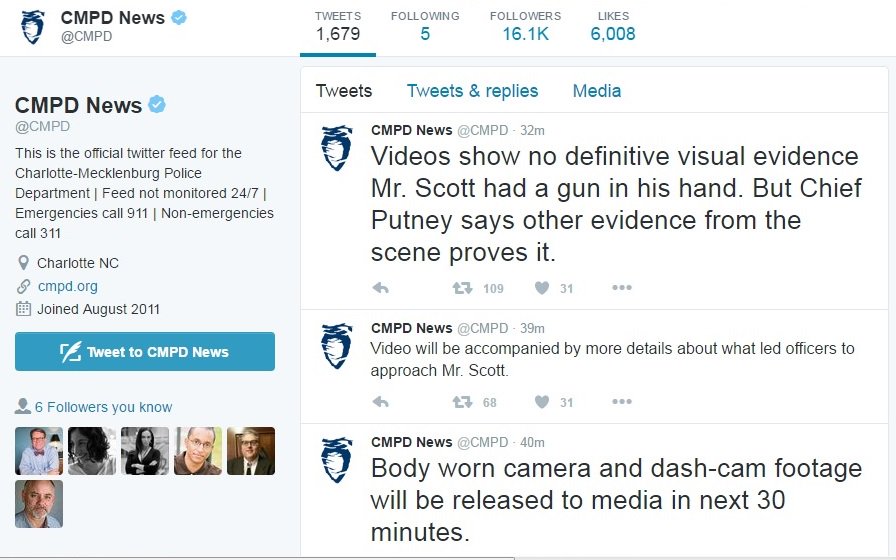 MegKinnardAP's tweet photo. .@CMPD was live tweeting during Chief Putney's video release announcement. An hour later, attached tweets -and others- have all been deleted https://t.co/g36ec0a4j8