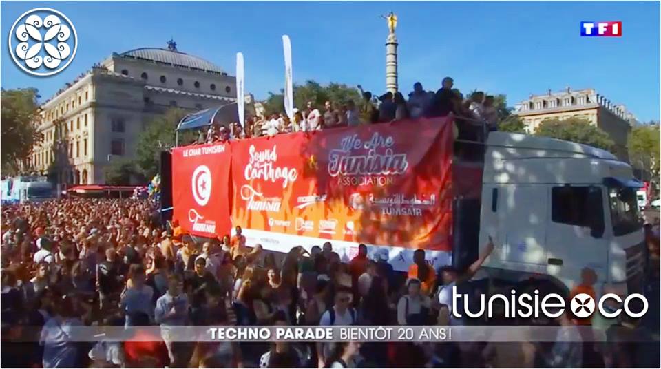 SoundOfCarthage's tweet photo. Le char @SoundOfCarthage à la  @technoparade de #Paris devant 300 000 personnes, fait la une du journal de #TF1. #Tunisie #Technoparade https://t.co/J0uqdgzKNR