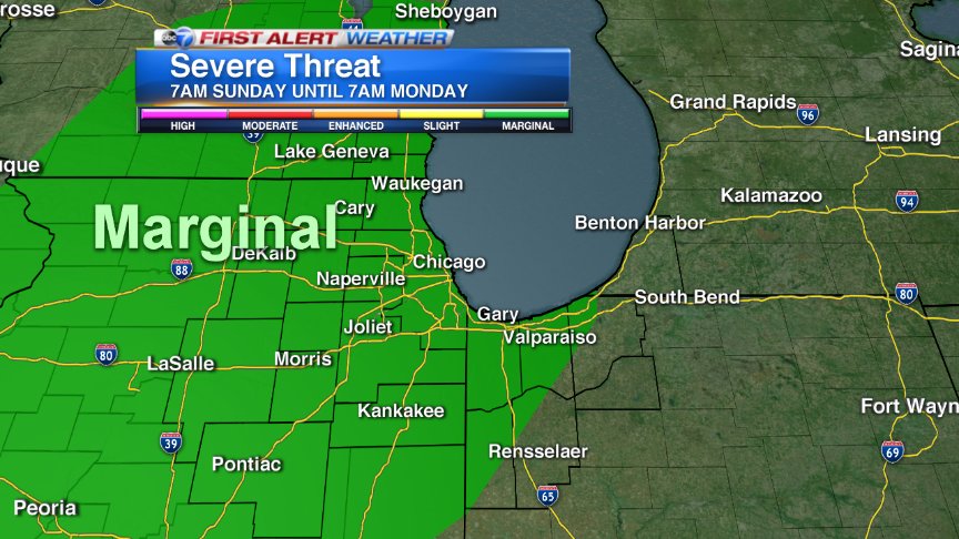 While the vast majority of Sunday will be dry,there could be a strong storm late in the day.Marginal risk of severe