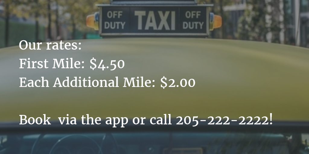 YellowCabBham's tweet photo. Here are our rates:
First Mile: $4.50
Each Additional Mile: $2.00 

Book a cab via the app or call 205-222-2222! 🚖 https://t.co/HO0nd7N5pe