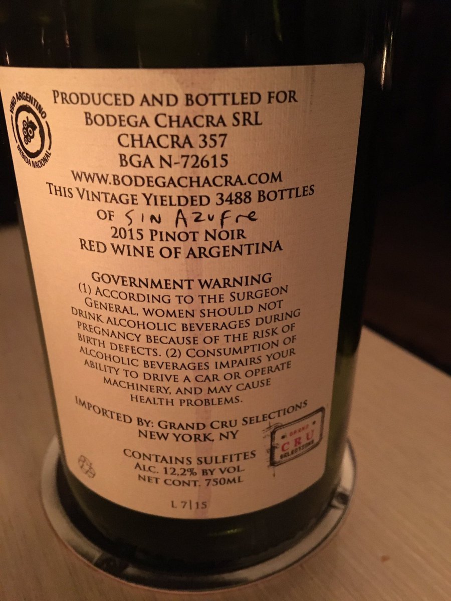 Sulphite free bottling from <a href="/bodegachacra/">Bodega Chacra</a>. Searched in vain for this in Buenos Aires in January; finally tracked it down <a href="/CharlieBirdNYC/">Charlie Bird NYC</a>.