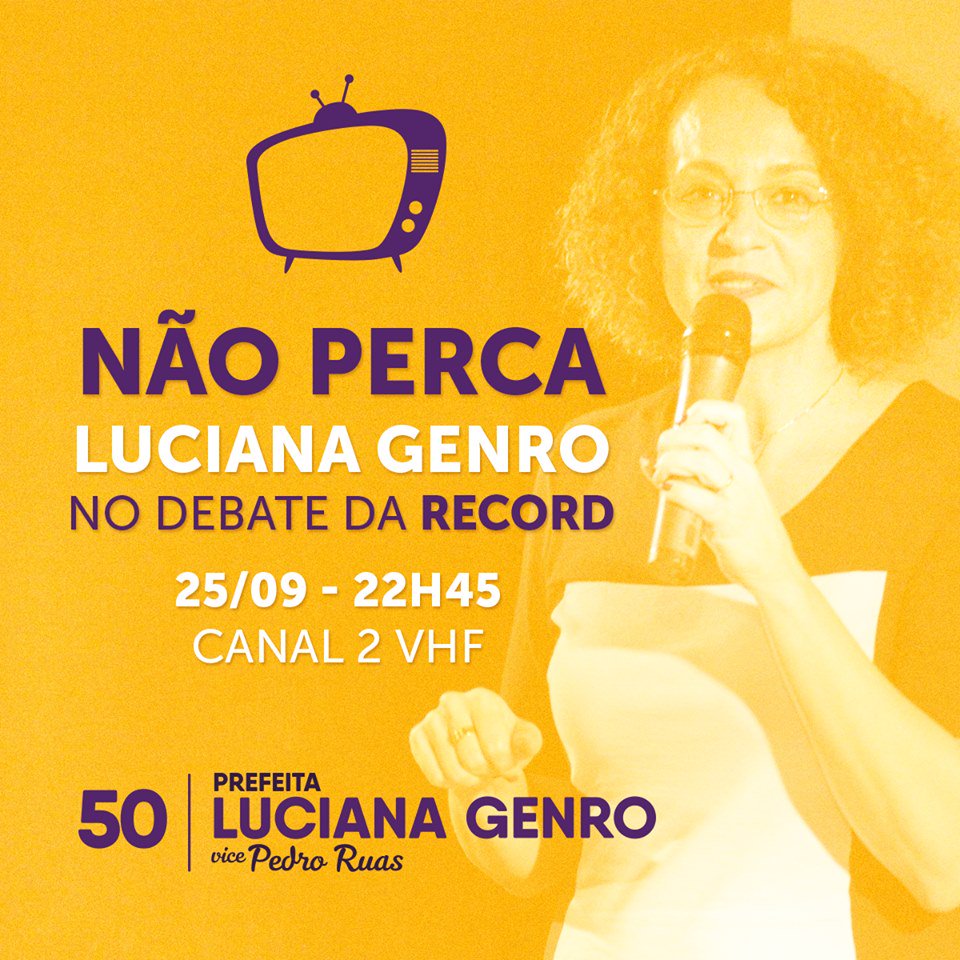 PedroRuasPsol's tweet photo. Hoje tem @lucianagenro  no Debate da TV Record, às 22h45! #Equipe50 https://t.co/rWsW2n68vb