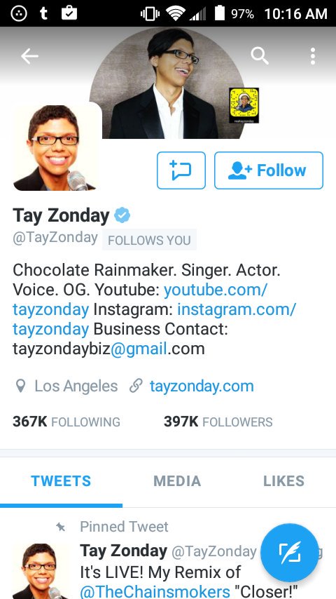 [] Okay, so I was going to tweet that Tay Zonday just followed my Bean Reaper account, but that didn't work. So Im tweeting on this account.