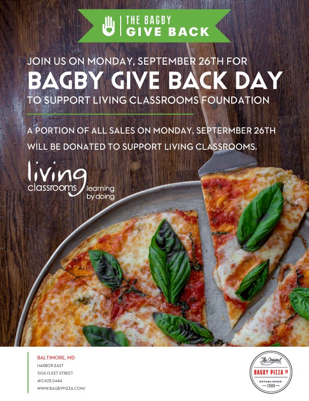 Got a lunch date tomorrow?  Dine at <a href="/BagbyPizzaCo/">Bagby Pizza Company</a>  all day on 9/26 and proceeds will support Living Classrooms