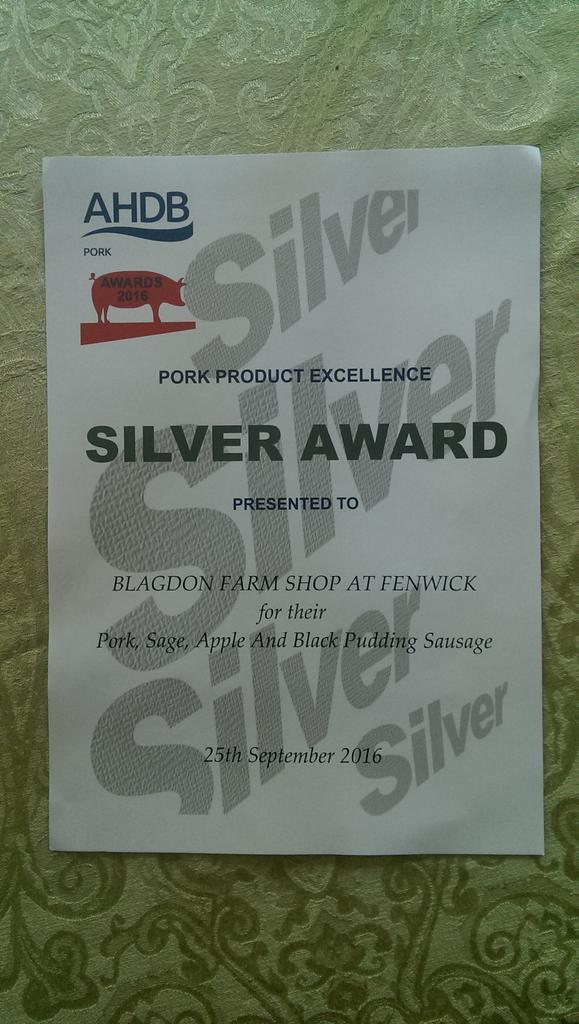 Great afternoon at <a href="/DalzielLtd/">Dalziel</a> butchers show. Pleased to pick up a silver award for our sausages! <a href="/blagdonfarmshop/">Blagdon Farm Shop</a>
