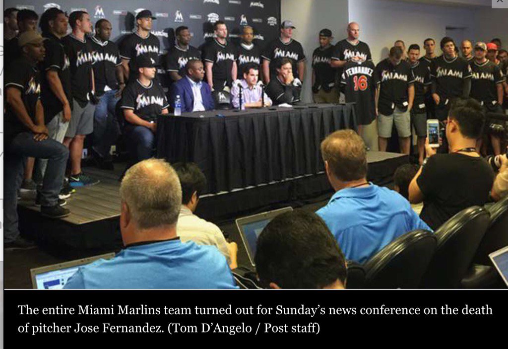 joecapMARLINS's tweet image. Photo: #Marlins team together at press conference after death of Jose Fernandez