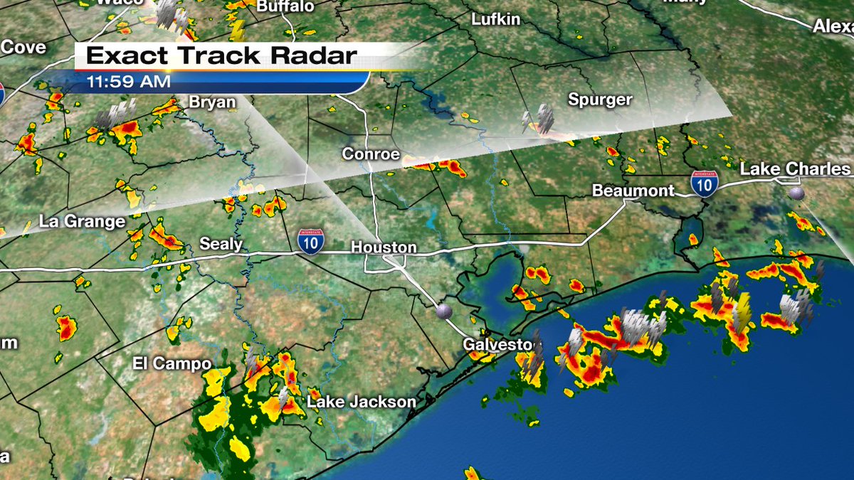 Noon radar look shows storm cells all around Houston. Heavy rain possible with many.