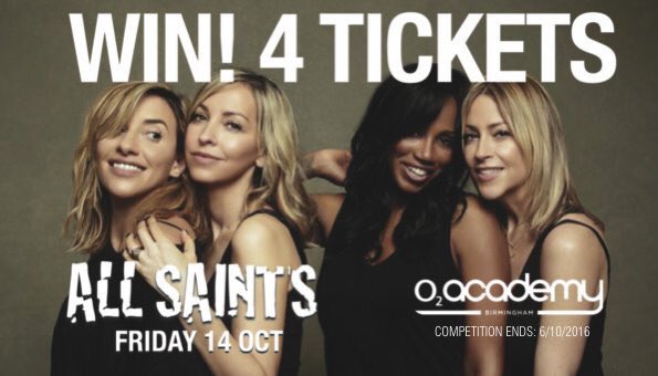 #WIN! 🎶
4 TICKETS to see <a href="/AllSaintsOffic/">All Saints</a> at @o2academybham on 14 Oct. RT before 6/10 to enter!