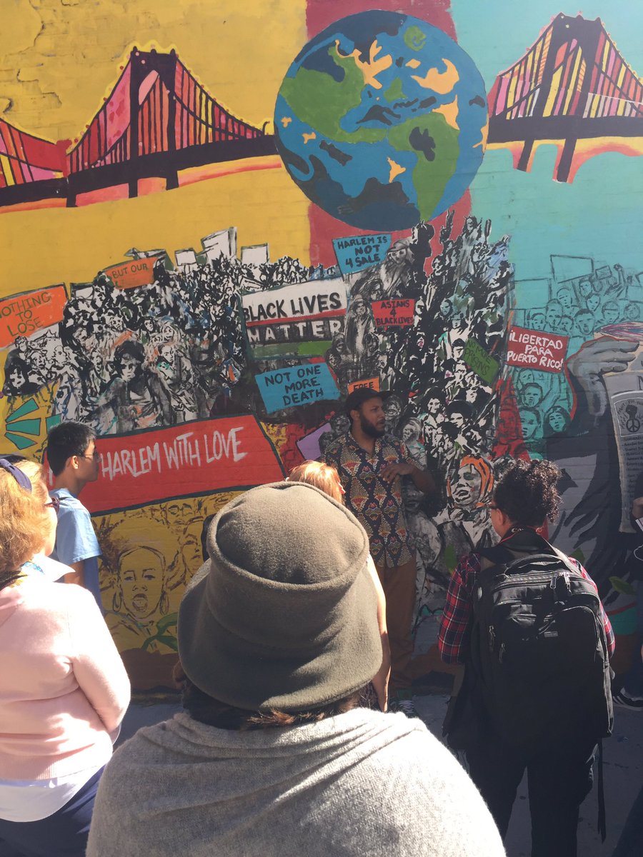 LaundromatProj's tweet photo. Words from Yuri and Malcolm shared on their mural at 125th & Old Broadway @YuriAndMalcolm #lpfieldday #Harlem https://t.co/pmP1R8a2H4