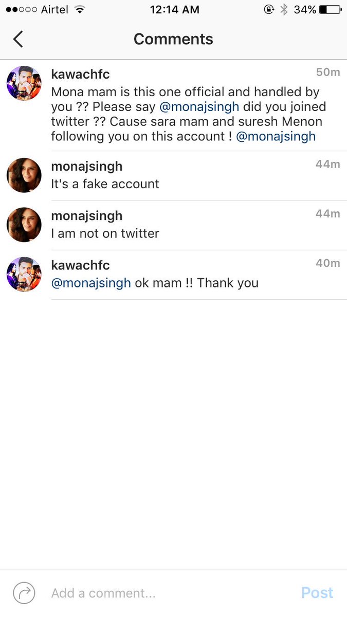 Mona mam confirms on instagram that she is not on twitter and the account on twitter in her name is a FAKE ACCOUNT. Kindly note it.