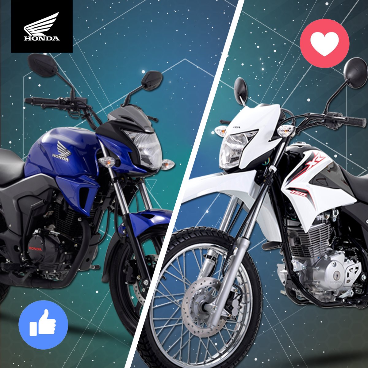 hondamotos_mx's tweet photo. ¿Cuál #moto te gusta más? Honda #Invicta150 (Y) vs. #XR150L <3 #hondamotosmx https://t.co/8bv4OAOAdv