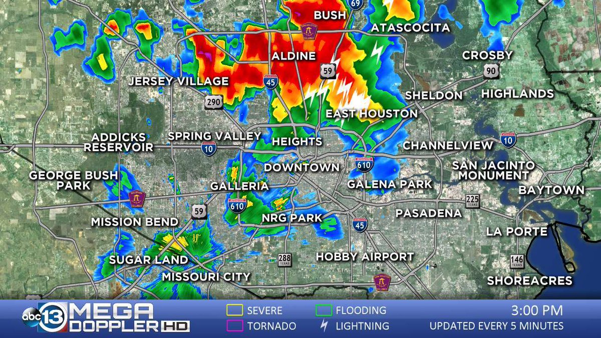 Mega Dopplar 13 shows storms passing over NRG Park during OpenAir festival evacuation.
