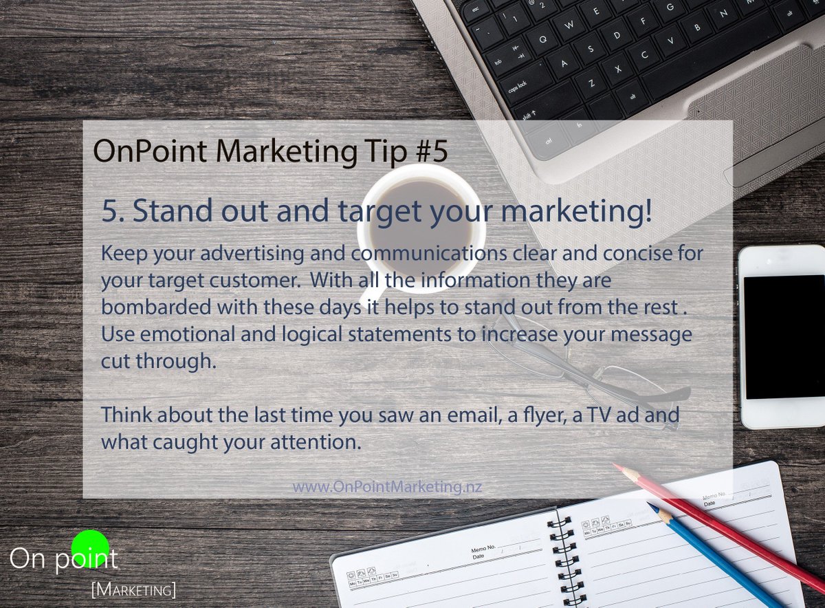 OnPointMNZ's tweet image. OnPoint Marketing Tip #5 - Stand out and target your marketing comms! #Business #TargetedMarketing #TargetCustomer #Strategy #Brand #NZ