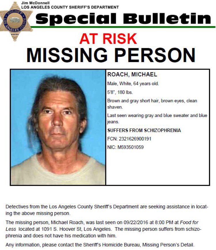 LASD: 64yo man missing. Has schizophrenia. Needs meds. 323-890-5500