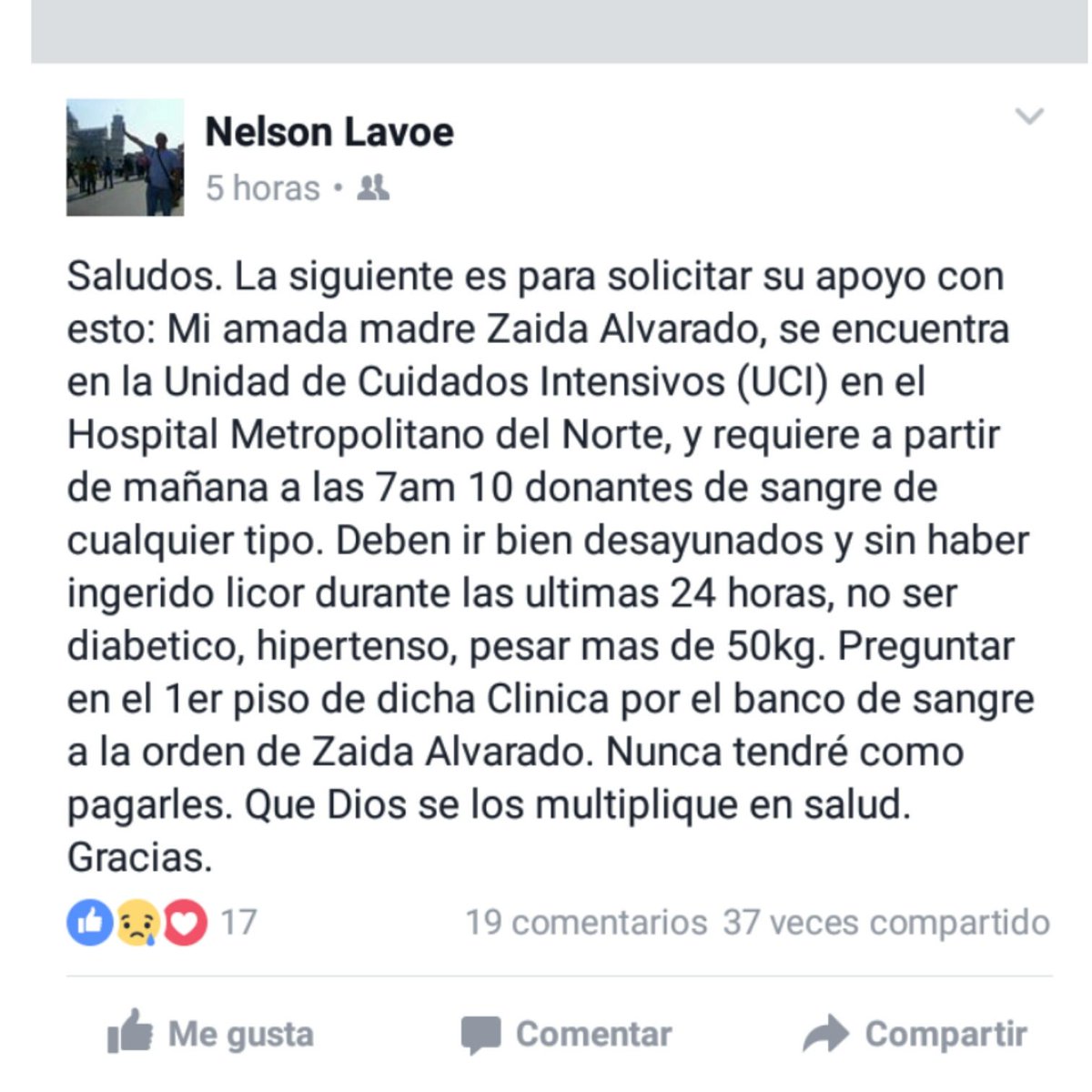 SERVICIO PUBLICO para la mamá de nuestro querido <a href="/nelsonlavoe/">Nelson Lavoe</a> se requieren 10 donantes de sangre de cualquier tipo