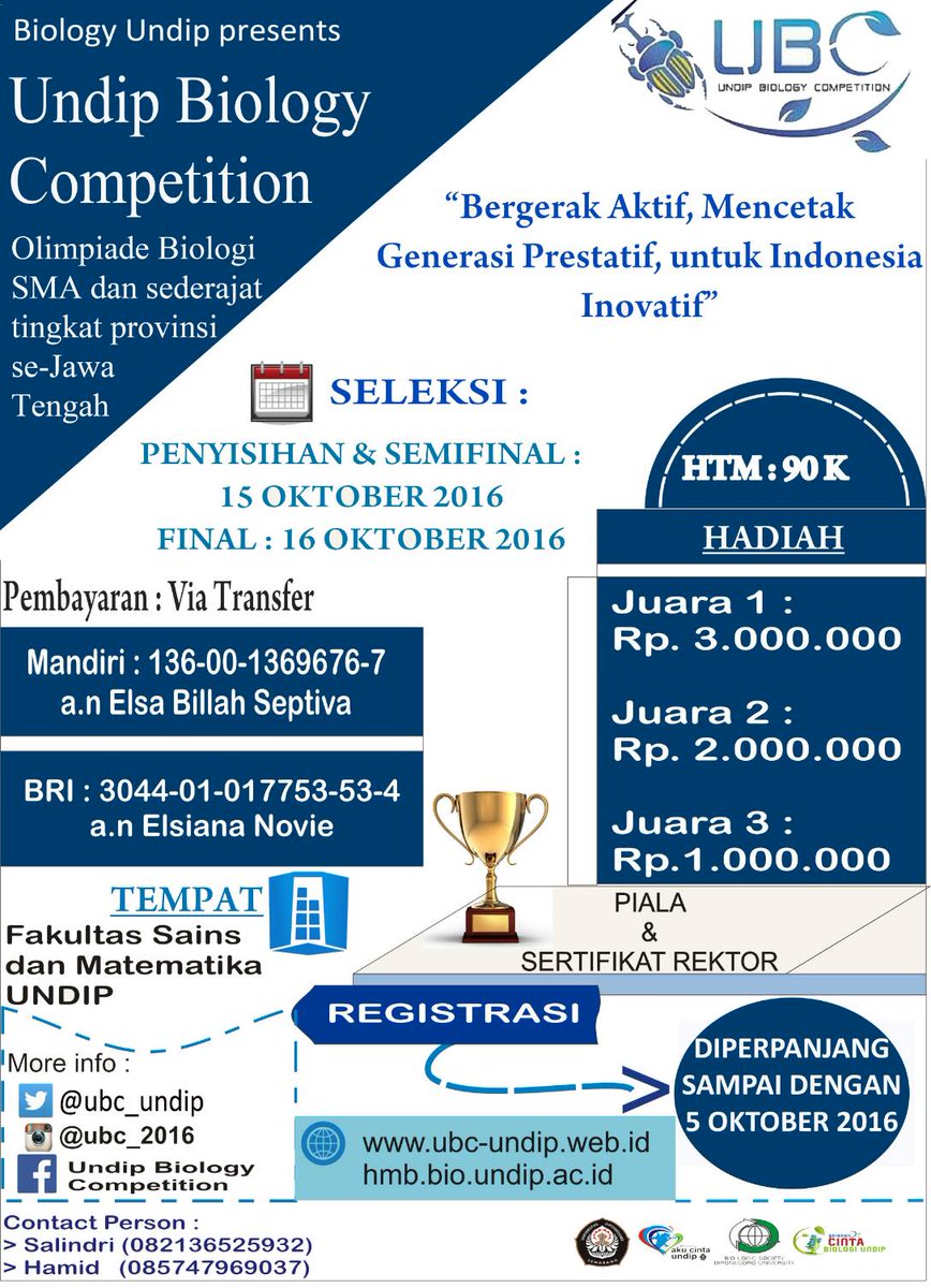 min <a href="/KotaTemanggung/">Info Temanggung</a> bantu share ya, ada olimpiade SMA sejateng nih Undip Biology Competition, hadiah jutaan rupiah, pendaftaran diperpanjang