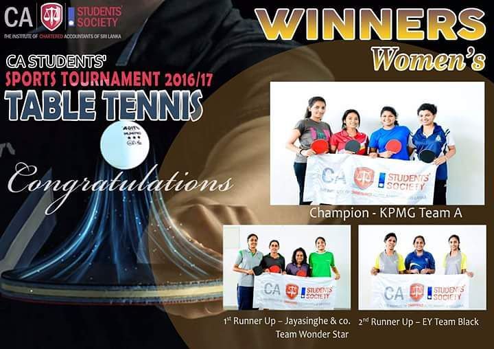 CASL_STUDENTS's tweet photo. CA Students' Table Tennis Tournament 2016 - Women's Winners Champs- KPMG1st Runner Up- J &amp; Co 2nd Runner Up- EY https://t.co/jToBfOD3r0
