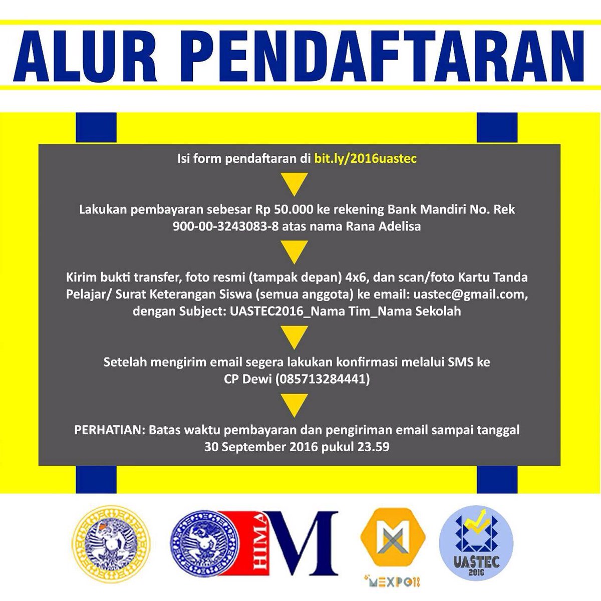 KABAR GEMBIRA!
Pendaftaran UASTEC 2016 gelombang 2 diundur hingga 30 September 2016! 😉

Link pendaftaran: 
bit.ly/2016uastec