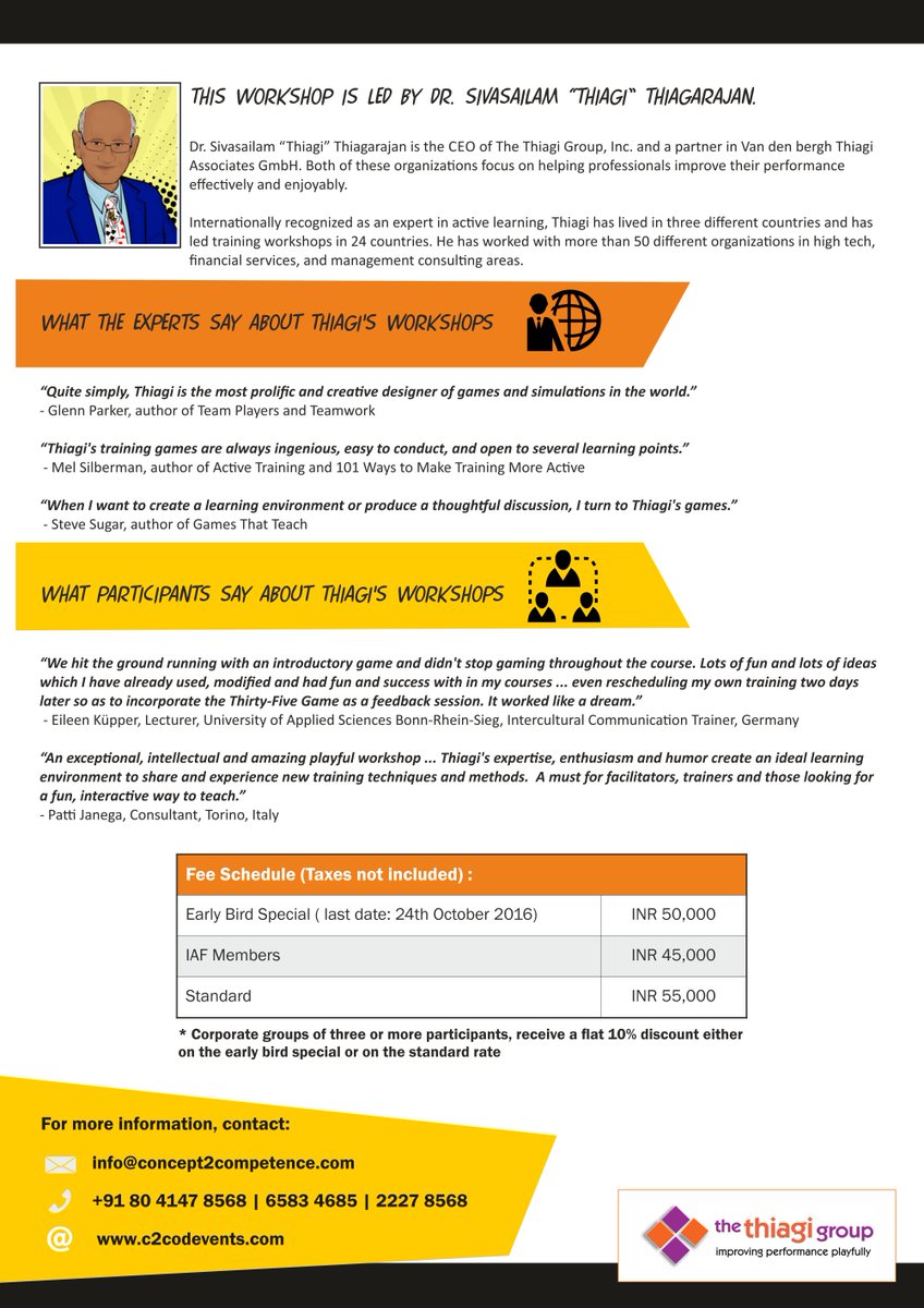 c2cod's tweet image. Learn the art of #InteractiveTechniques from @thiagi on 23-24 Nov &apos;16 (#Gurgaon) &amp;amp; 28-29 Nov &apos;16 (#Bangalore).Visit: goo.gl/UmPVkz