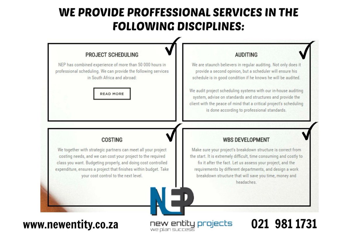 NEProjectsZA's tweet image. Require dedicated project planning or scheduling services for your next development or project? Contact us today!

newentity.co.za