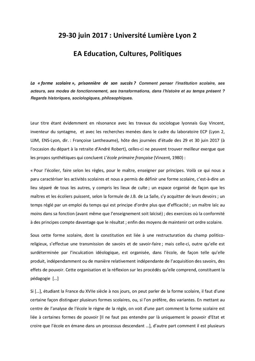 Colloque à l'occasion du départ en retraite d'<a href="/AndreRo23934863/">André Robert</a> 29-30 juin 2017 <a href="/univ_lyon2/">Université Lumière Lyon 2</a> : "La forme scolaire, prisonnière de son succès?"