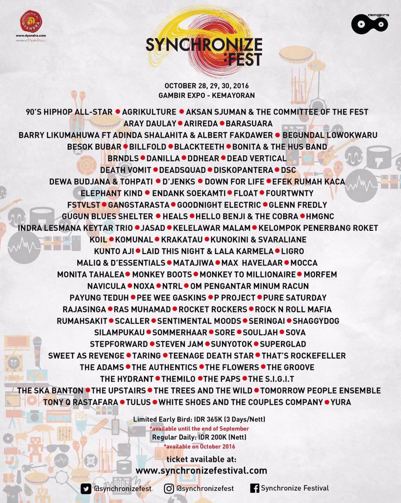 Lebih dari 100 penggiat seni akan hadir di #SynchronizeFest <a href="/tulusm/">Tulus</a> <a href="/Naifband/">NAIF</a> <a href="/BarryLikumahuwa/">Elseos Jeberani E</a> <a href="/downforlifesolo/">Down For Life</a>