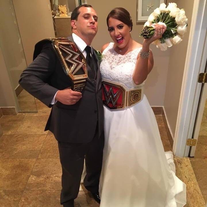 KurtSemder's tweet photo. Yeah, it was a good weekend. The champs are here! @aimerodnews #married #WWEdding @WWE @StephMcMahon @TripleH https://t.co/hsBeDySM8j