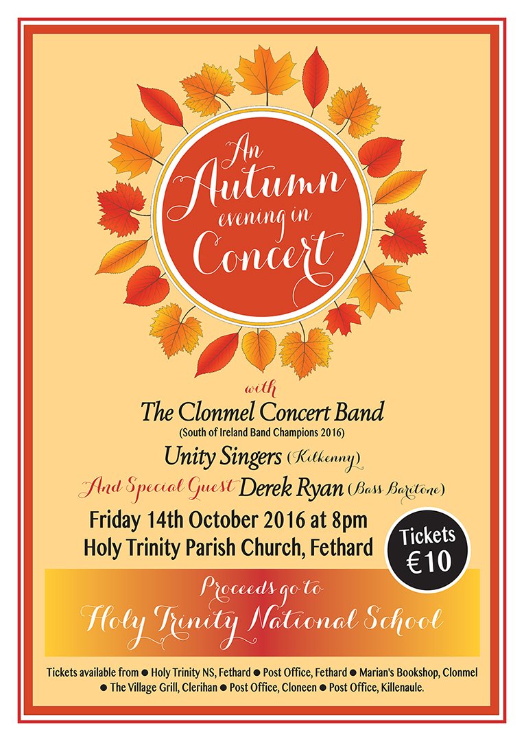 Join us for an autumn evening in concert on 14 October with Clonmel Concert Band, the Unity Singers and Derek Ryan! 
facebook.com/events/1684971…