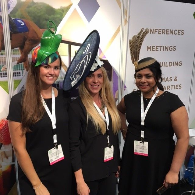 SquareMealVandE's tweet photo. We were impressed by the extras our show exhibitors had at #VE16. Check out the @JCvenues team with their @TheJulianGarner headpieces. https://t.co/Fby5mtUefs