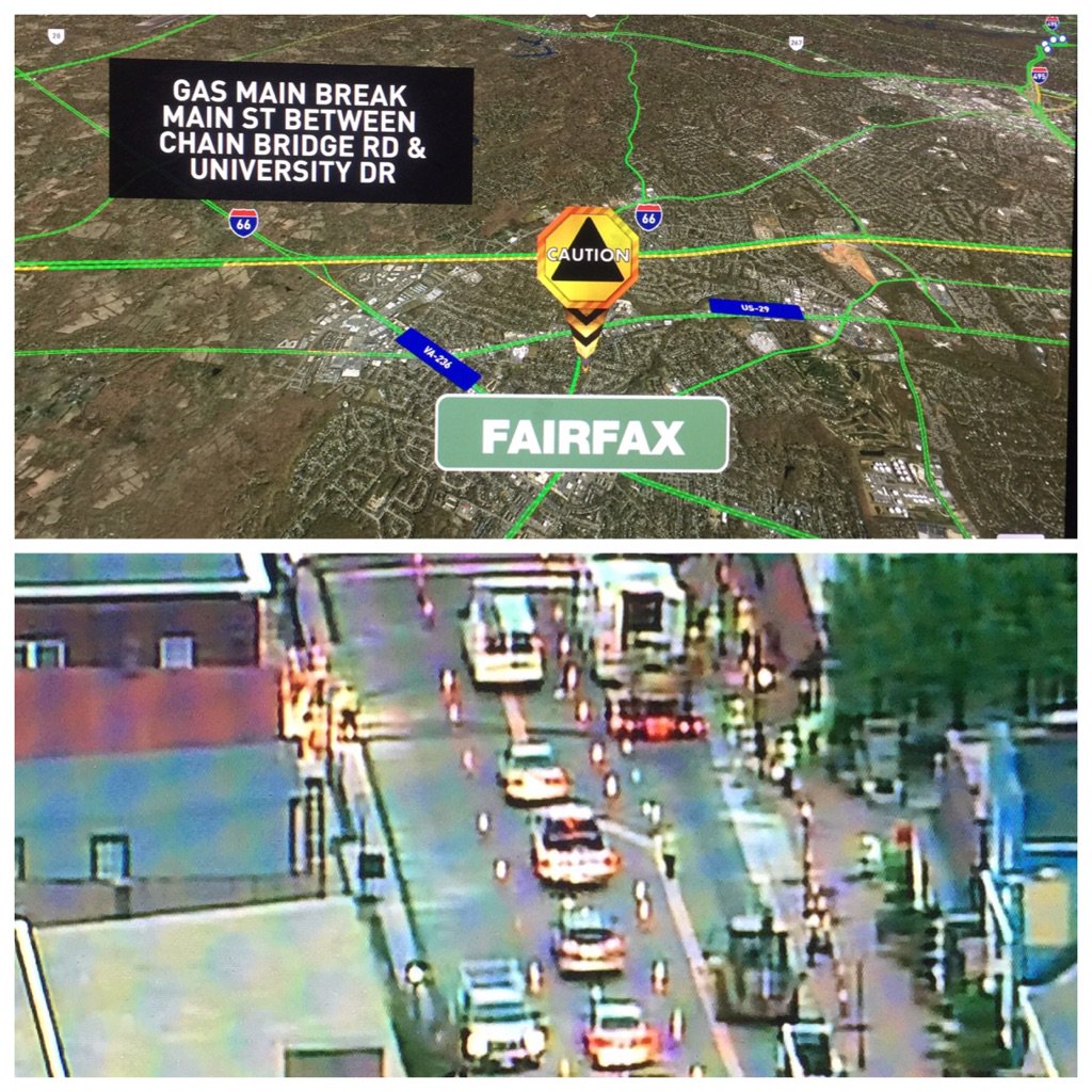 Gas main break Main St btwn Chain Bridge Rd & University Dr one lane gets by each way VATraffic