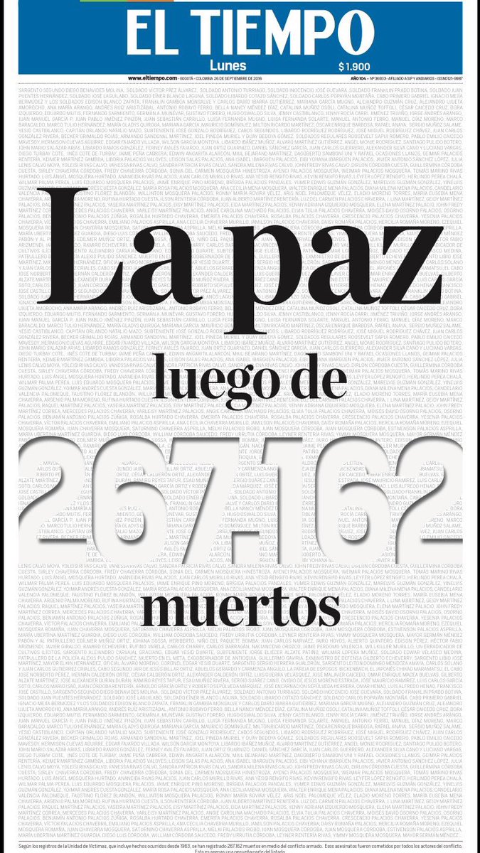 JDCastellanosO's tweet photo. Impactante portada de @ELTIEMPO. Es nuestro deber ético ponerle fin a esta cifra con nuestro voto en el plebiscito #YoVotoSí #FirmaDeLaPaz https://t.co/6B1mmUjb6C