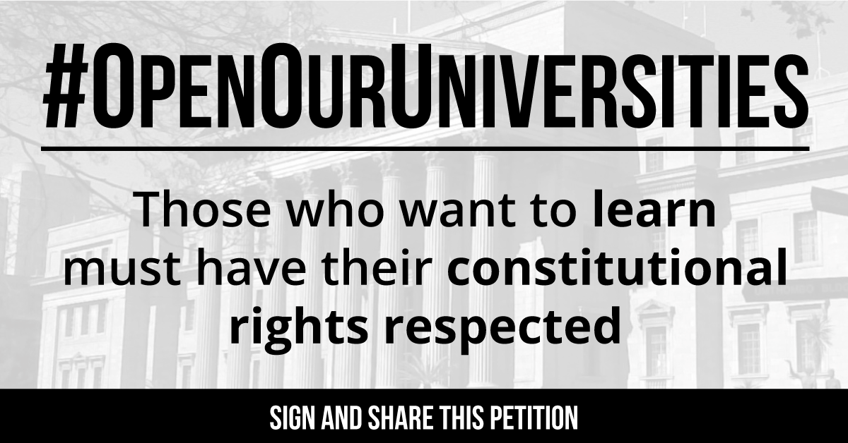 Petition to #OpenOurUniversities

It is time for the silent majority to speak out! 

SIGN and RETWEET: da.org.za/petition-open-…