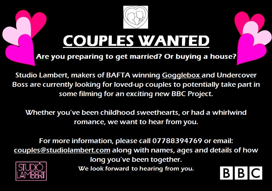 Couples_Wanted's tweet photo. @dmprettybridal Loved up? Soon to tie the knot? Gogglebox makers want to hear from you! RT to help us find the perfect couple! https://t.co/bF8BcVR33x