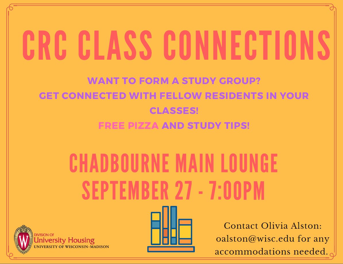 What's good, CRC? Hungry for social connections, academic success, and the 'za? Stop into CRC Class Connections with more info on the flyer!