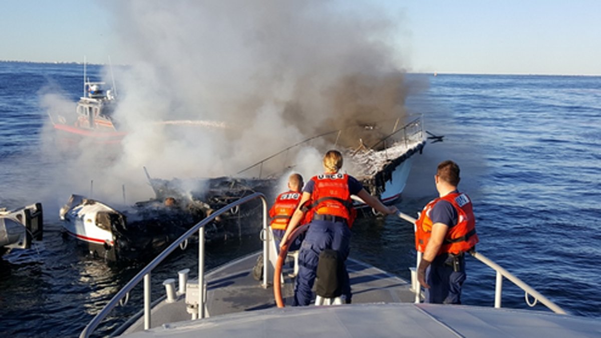 US Coast Guard says a Good Samaritan rescued 8 off boat burning off Jersey Shore