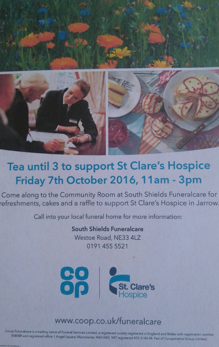 eve_cheryle's tweet photo. During #Hospiceweek South Shields @CoopFuneralcare will be supporting @StClaresHospice pop in for tea &amp; cake! https://t.co/s6Er8uVKGV