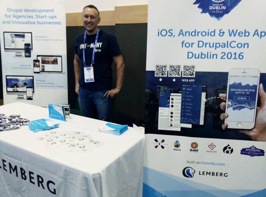 WeAreLemberg's tweet photo. We are all set for @DrupalConEur! Stop by to say hi to @T2LPR &amp; @ros_bulych at @lemberg_co_uk stand 903! #drupalcon https://t.co/3iAj0kcobo