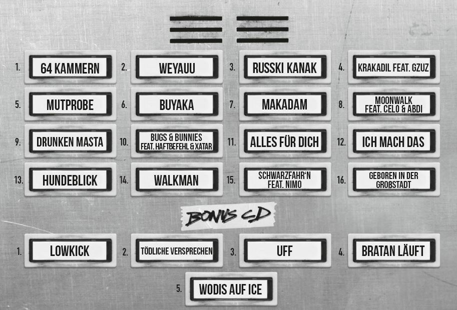 Hier die TRACKLIST mit allen FEATURES 

„MAKADAM" bestellen:

► iTunes: apple.co/29arWvY
► CD: amzn.to/2cxSLyF