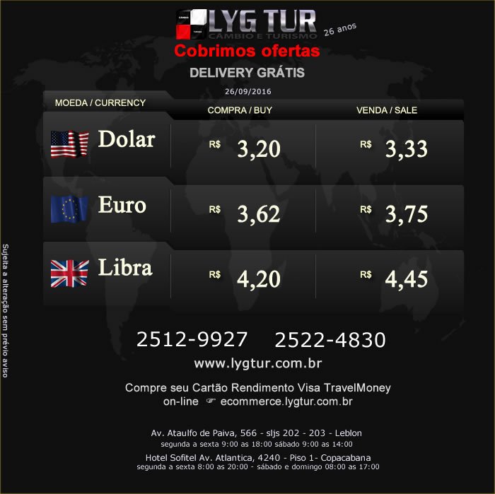 LygTur's tweet photo. TAXAS DIA 26/09 + IOF - https://t.co/wdzBpltPiK #comprecomalygtur #lygturturismo #cambio #seguroviagem #viagem #dolar https://t.co/NjxOe4hvWE