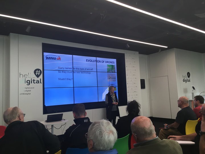 ARPASUK's tweet image. @ARPASUK Funding Officer, Sue Wolfe presenting during HIE Drone Week at Inverness Campus #hellodigital #flysafeflysmart