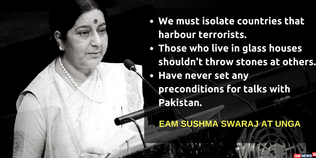 CNNnews18's tweet photo. #IndiaAtUNGA | EAM @SushmaSwaraj tears apart Pakistan at #UNGA #FittingReplyToPak https://t.co/FHIiBeYhZL
