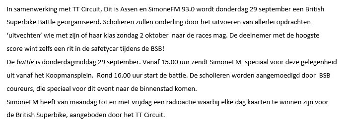 Tip: donderdag om 4u een speciale British Superbike Battle op het Koopmansplein in Assen samen met <a href="/ditisassen/">ditisassen</a> en <a href="/echteradio/">Simone FM</a>