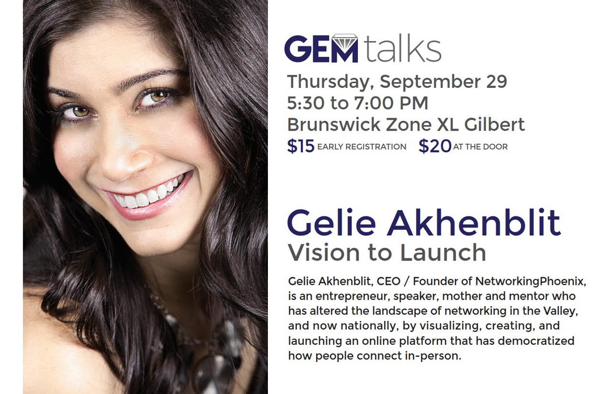 chandlergilbert's tweet photo. Enjoy 'TED Talks'? @Gelie of #NetworkingPhoenix will share her insight on networking at "GEM Talks" on 9/29. https://t.co/c8P3s7GVnt