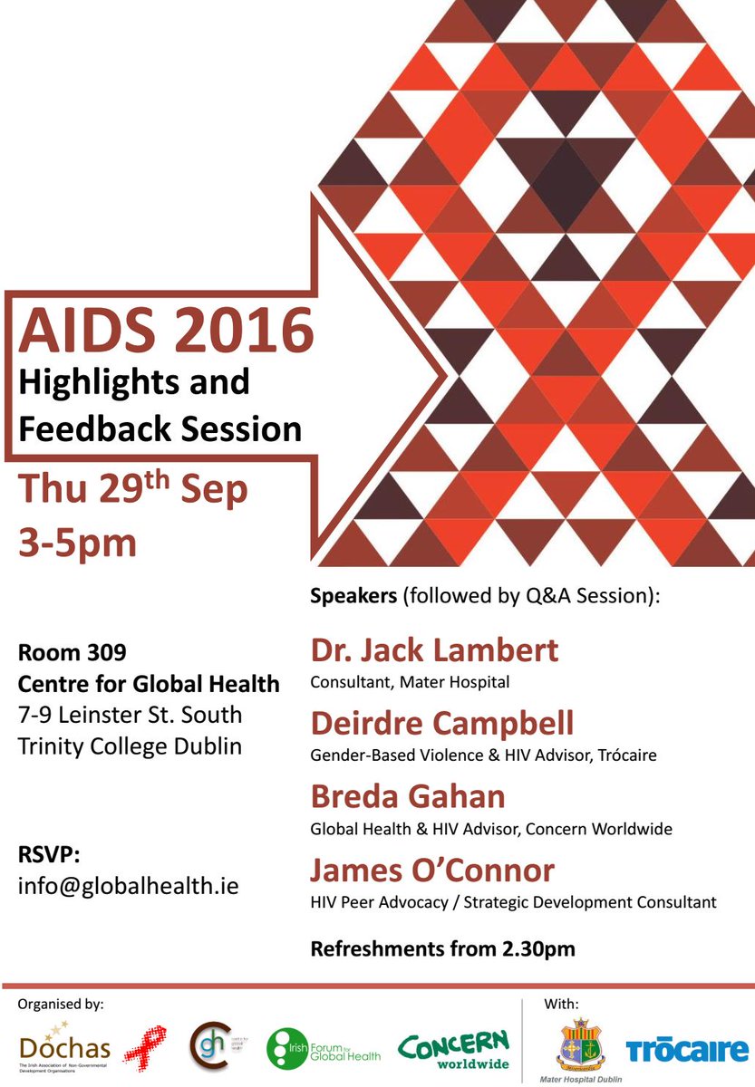 GlobalHealth.ie and ESTHER.ie (@ifglobalhealth) on Twitter photo Don't forget our joint <a href="/Dochasnetwork/">Dóchas</a> <a href="/Concern/">Concern Worldwide</a> <a href="/CGHTrinity/">CGH</a> #HIV #AIDS2016 f/back session is this Thurs 3-5pm! RSVP info@globalhealth.ie Don't forget our joint <a href="/Dochasnetwork/">Dóchas</a> <a href="/Concern/">Concern Worldwide</a> <a href="/CGHTrinity/">CGH</a> #HIV #AIDS2016 f/back session is this Thurs 3-5pm! RSVP info@globalhealth.ie