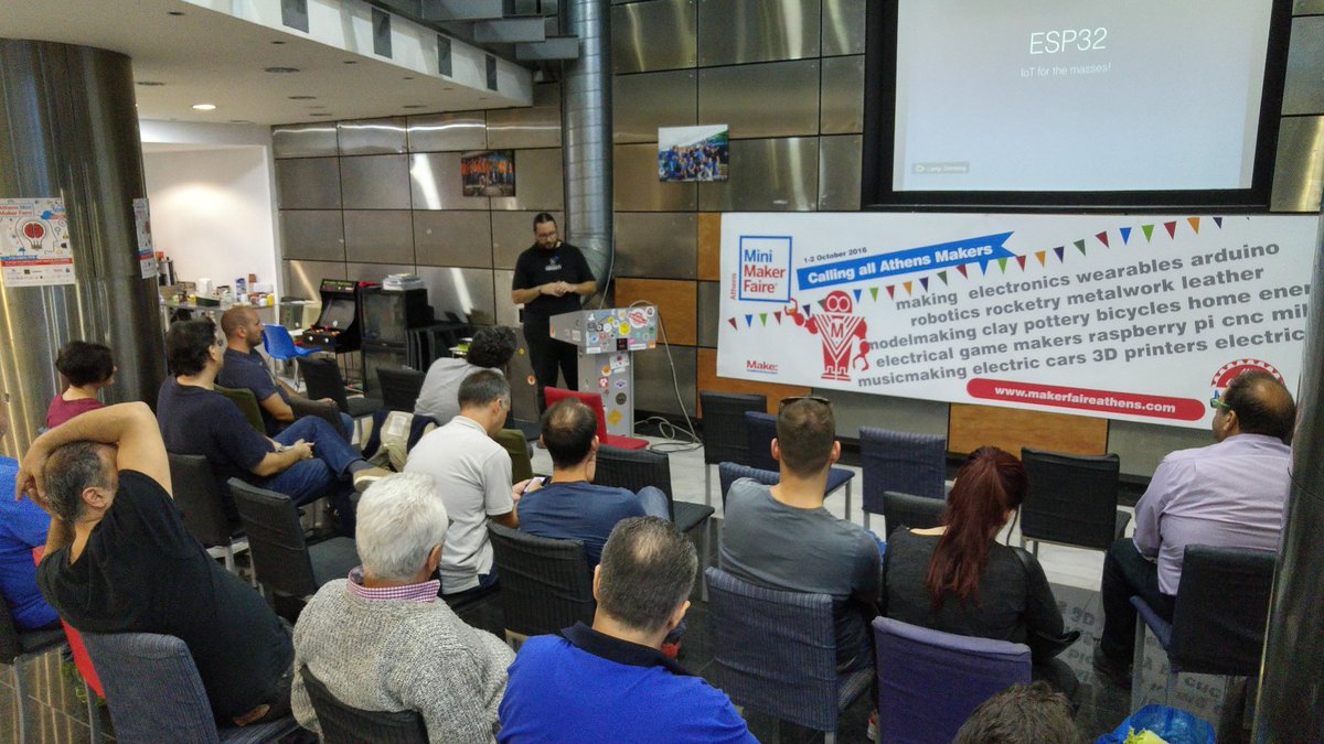 #ESP32 fans listening to <a href="/tzikis/">Vasilis Georgitzikis</a> from <a href="/codebender_cc/">codebender</a> explaining the background of #esp8266 in <a href="/CubeAthens/">The Cube Athens</a> for <a href="/iotathens/">Athens IoT Meetup</a>