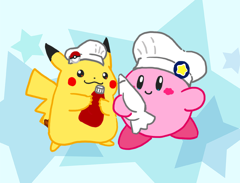 kirby ,pikachu chef hat hat no humans pokemon (creature) smile white headwear star (symbol)  illustration images