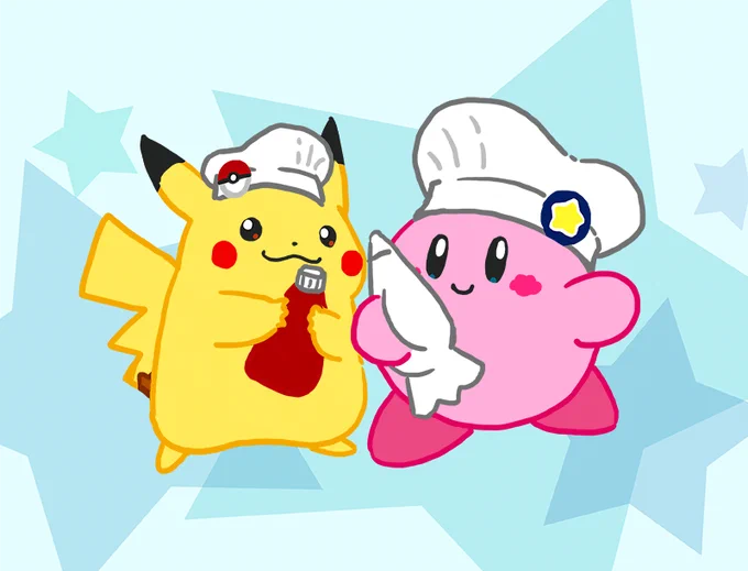 カービィカフェとポケモンセンター行った記念お絵描き。カービィもピカチュウも可愛い…好きです…。 
