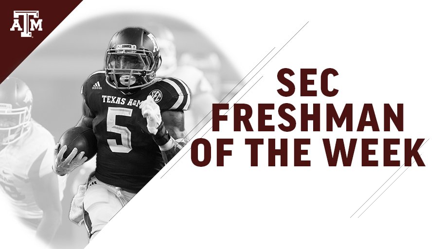 .<a href="/TrayveonW/">Trayveon Williams</a> earns back-to-back <a href="/SEC/">Southeastern Conference</a> Freshman of the Week honors after tallying 153yds &amp; 2 TDS against Arkansas #12thMan