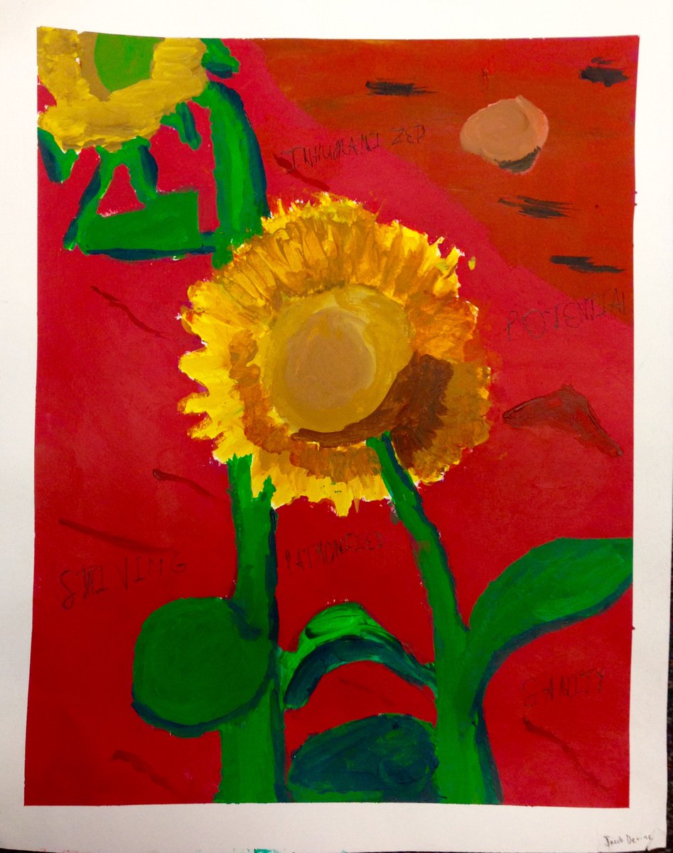 UnfinishedEd's tweet photo. 7thG paintings using #imageandtext, pulling words from a composition on #mentalhealth. #VanGogh #sunflowers #GilmanSchool @newdaycampaign https://t.co/uGb5BeFRfh